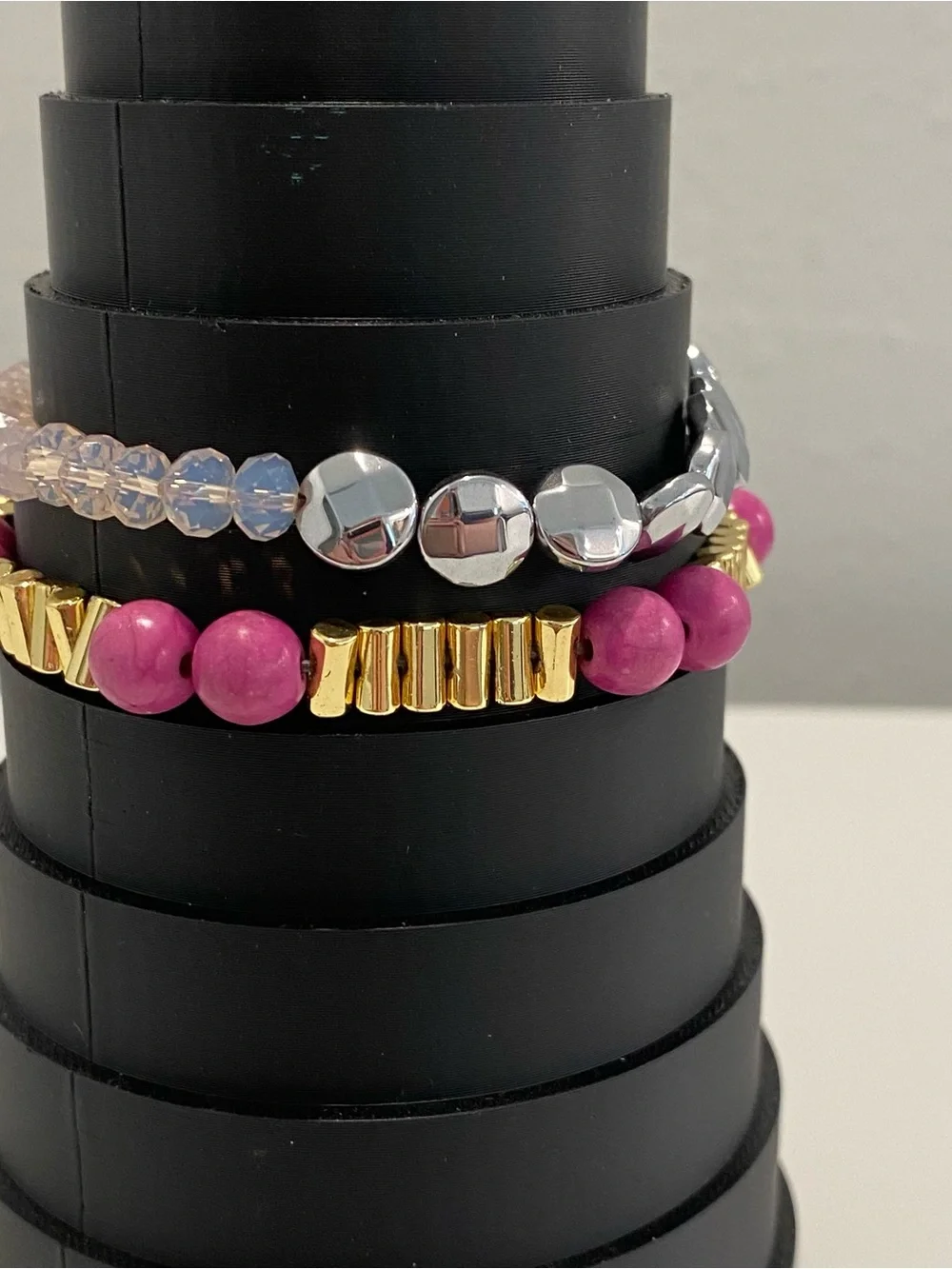Erimish Beaded Bracelet Stack Set Stretch Layered Gemstone Silvertone Goldtone